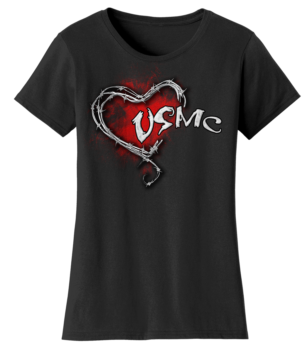 Barbed Heart Usmc Ladies Tee Black Frontline Military Apparel