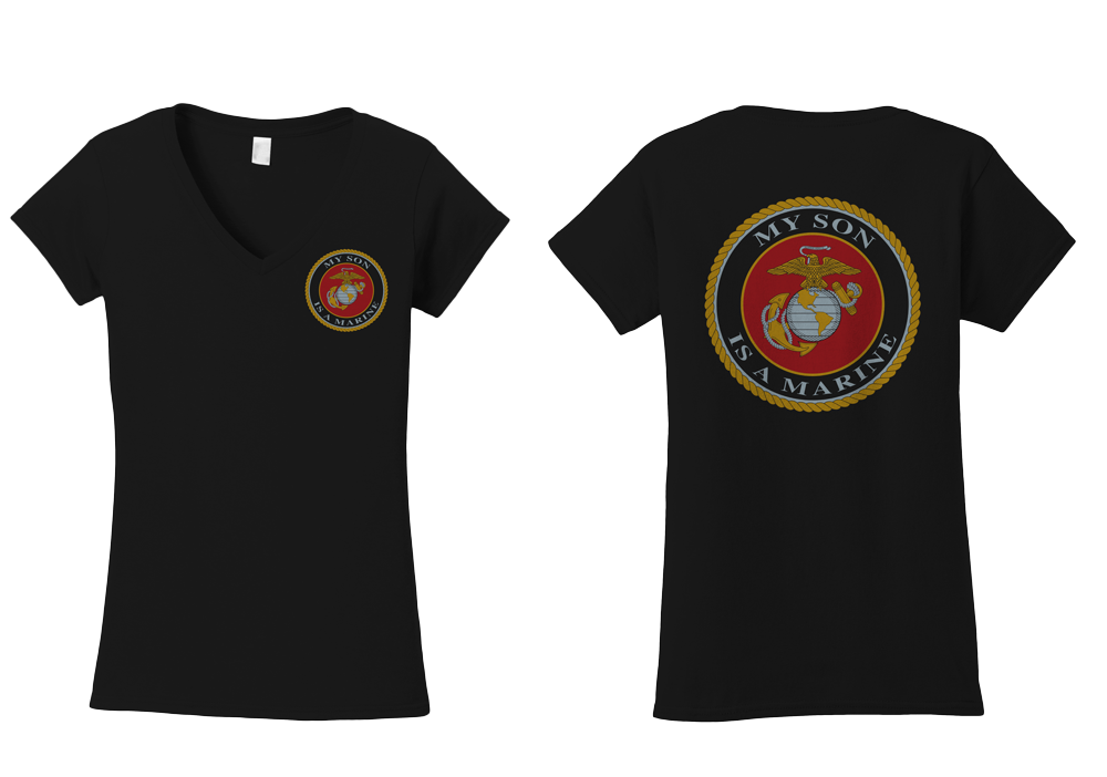 USMC Seal My Son Is a Marine Ladies V-Neck Tee-Black