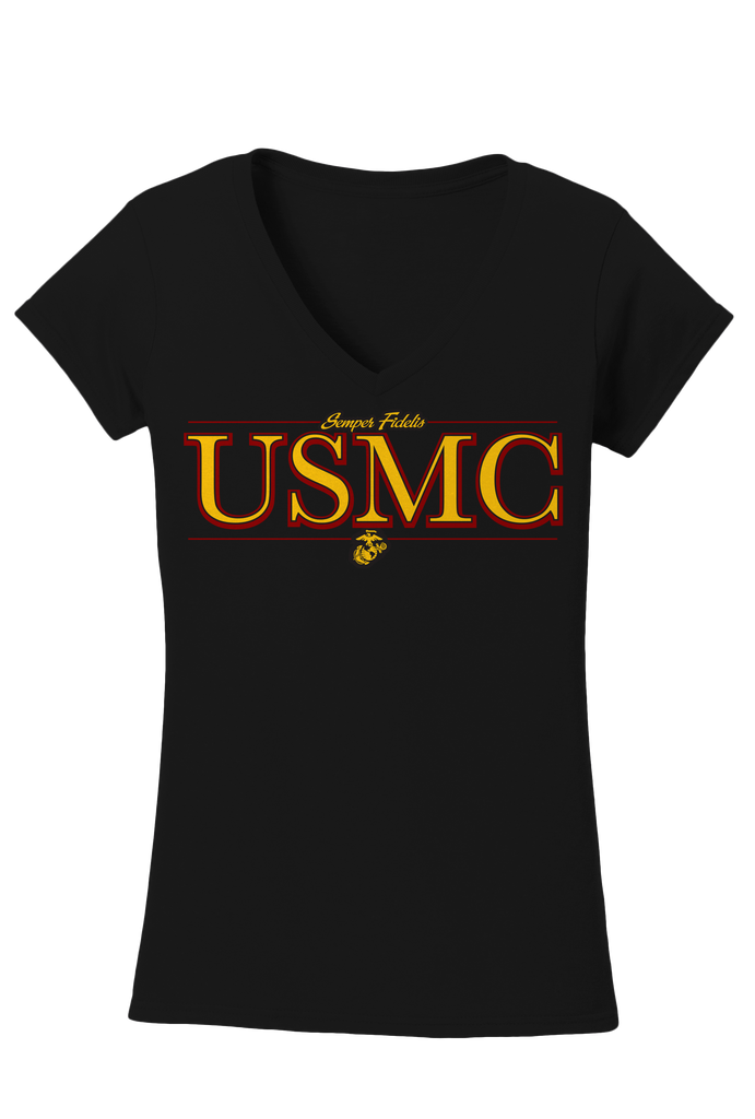 Flash USMC Ladies V-Neck Tee-Black