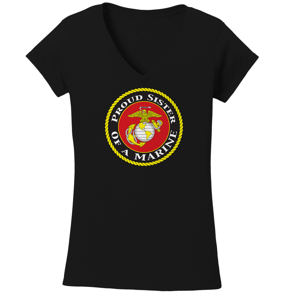 USMC Seal Proud Sister of a Marine Ladies V-Neck Tee-Black