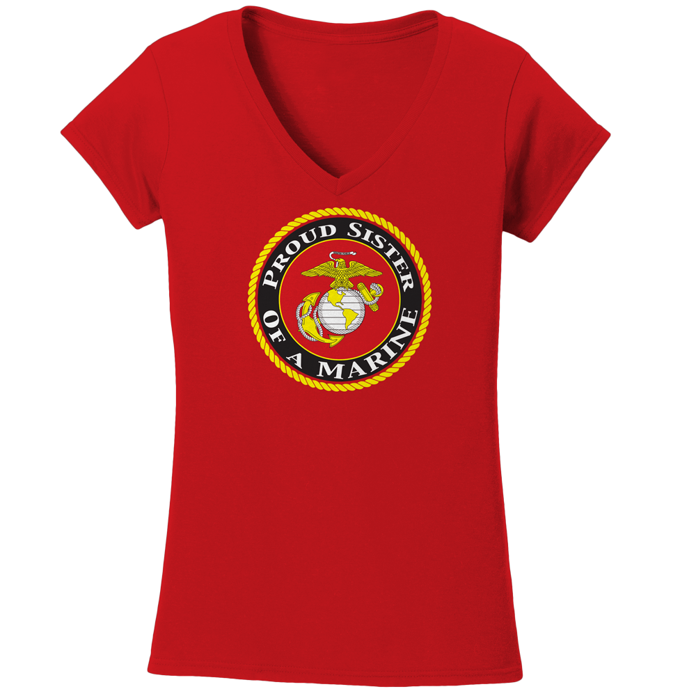 USMC Seal Proud Sister of a Marine Ladies V-Neck Tee-Red