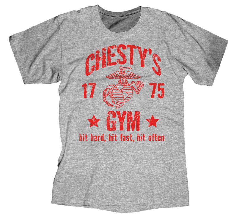 Chesty's Gym USMC Mens Tee-Sport Grey w/Red
