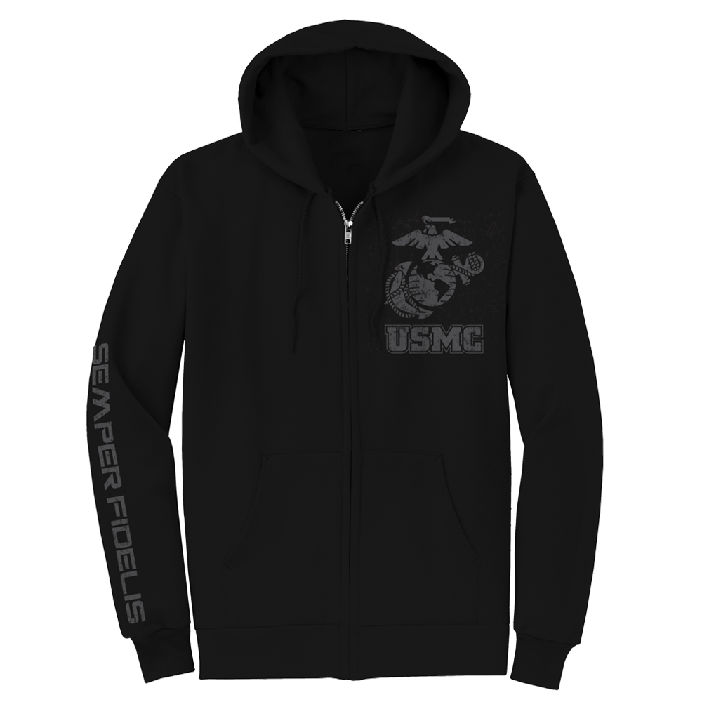Semper Fi Sleeve USMC Adult Zip Hoodie-Black