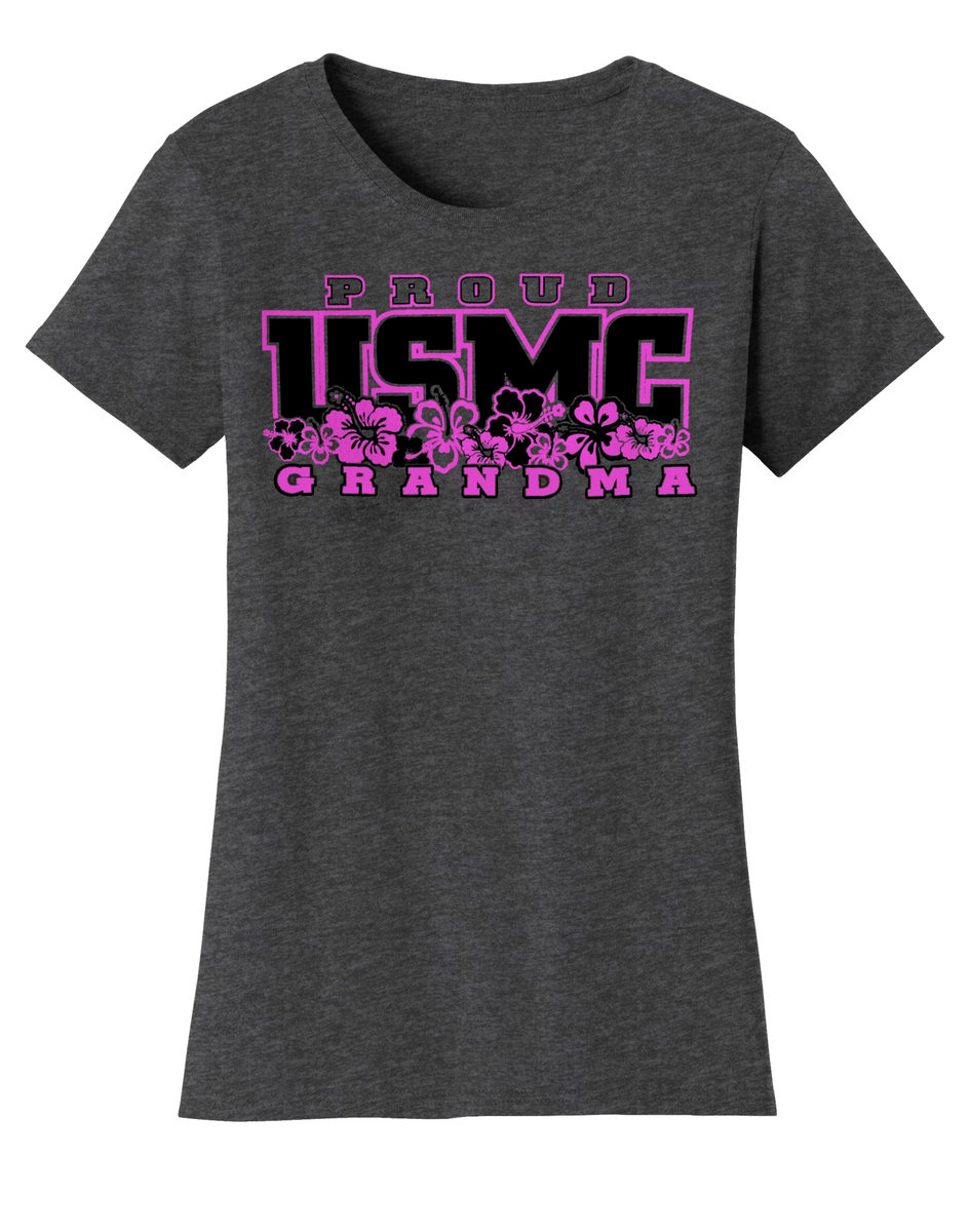 Hibiscus Proud Grandma Usmc Ladies Tee Dark Heather Frontline Military Apparel