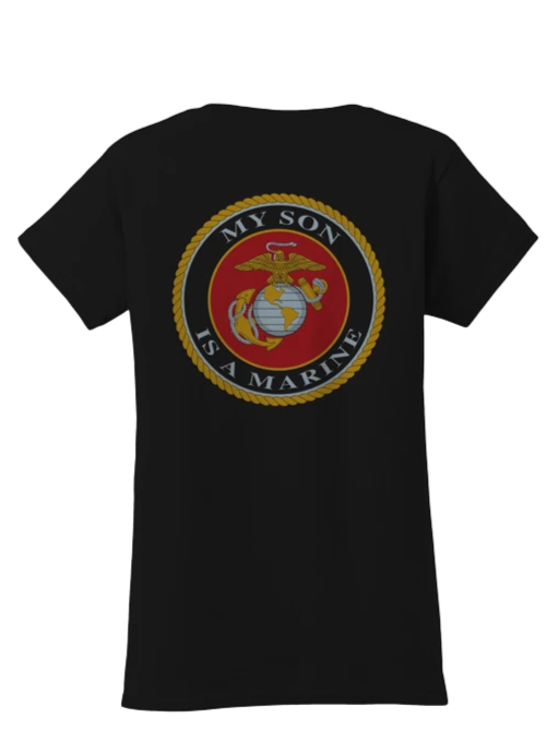USMC Seal My Son Is a Marine Ladies V-Neck Tee-Black